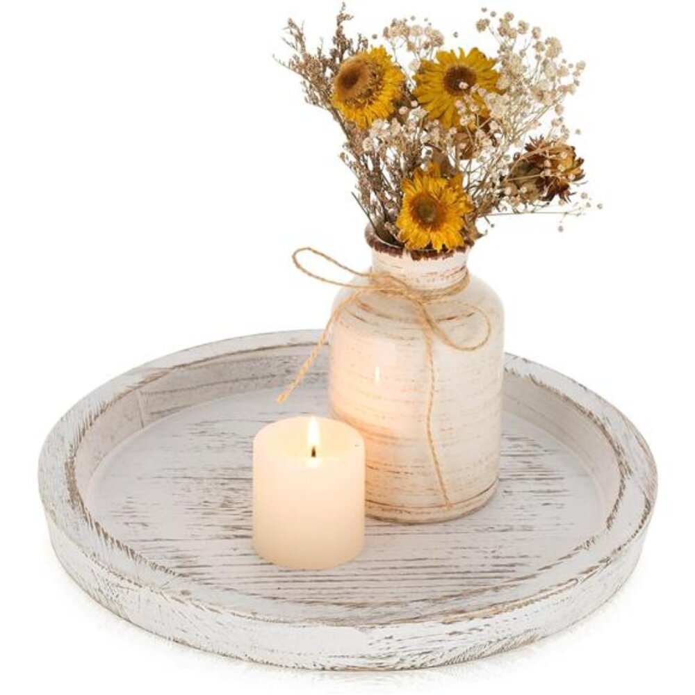 Rustic Wooden Tray Candle Holder - Round Wood Decorative Pillar Candle Tray
